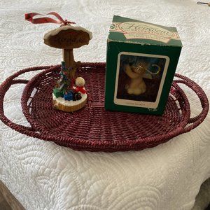 Christmas Ornaments Bisque Angel Baby & Carved Wood & Serving Display